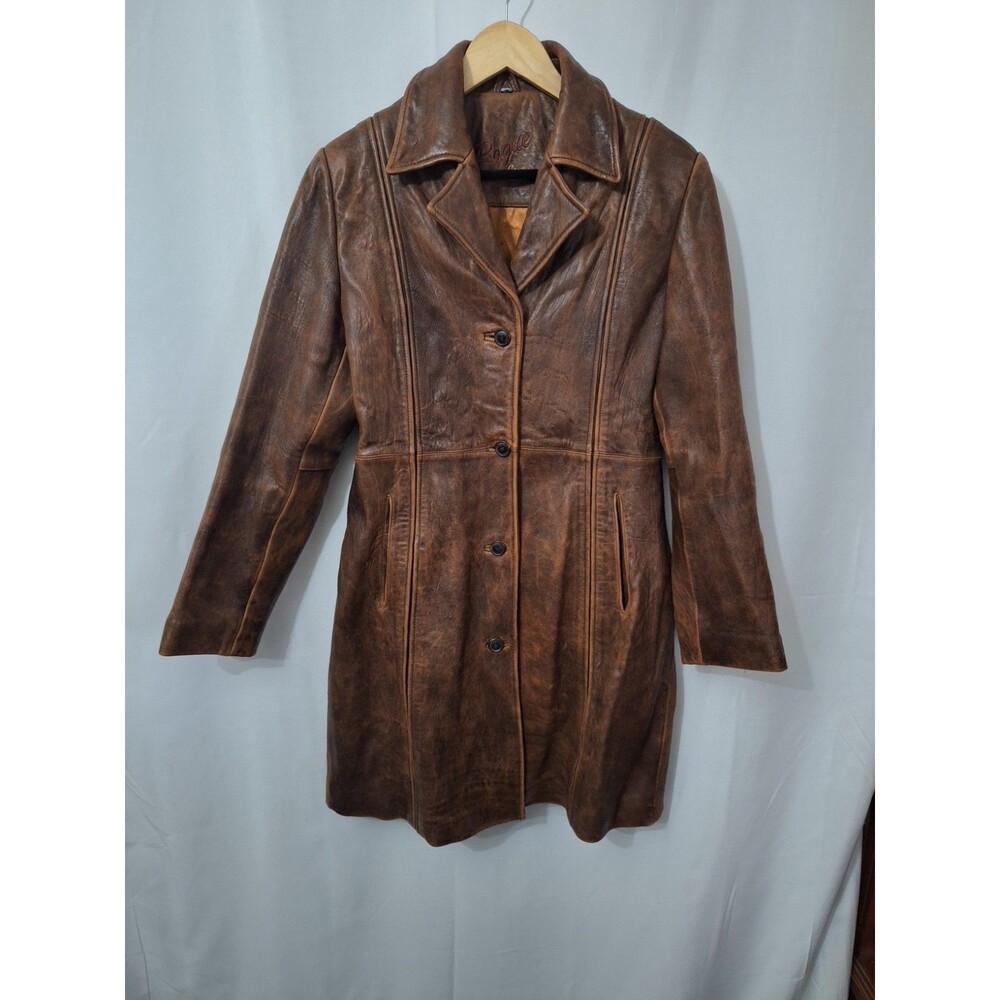 Rogue Leather Womens Genuine Leather Coat Sz M Brown Long Button Up Pockets Y2K